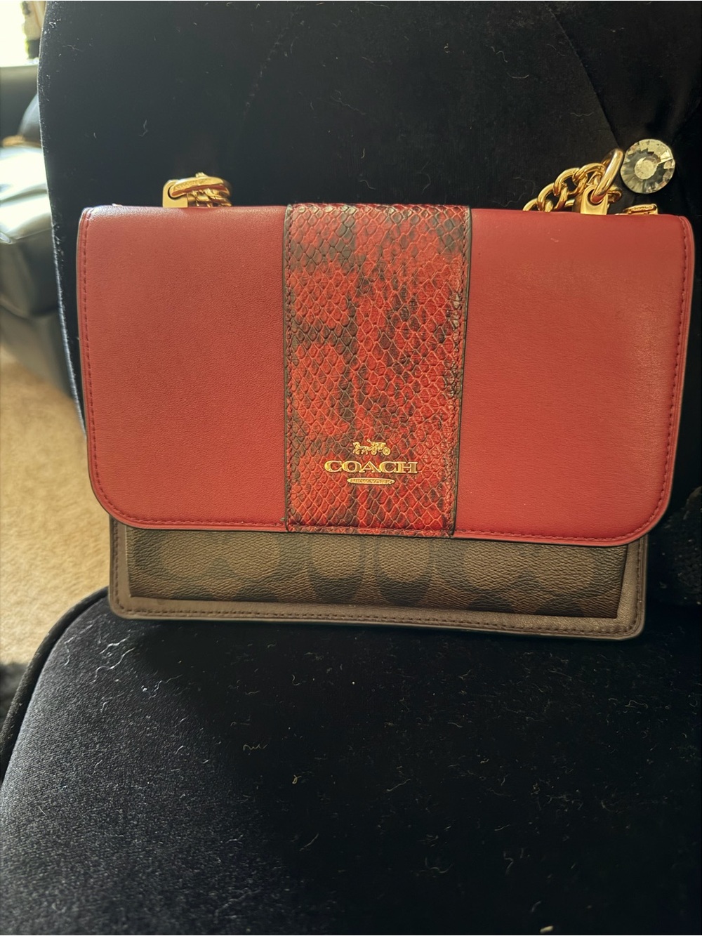 Coach Red Leather & Signature Canvas Snake-Print Accent Crossbody